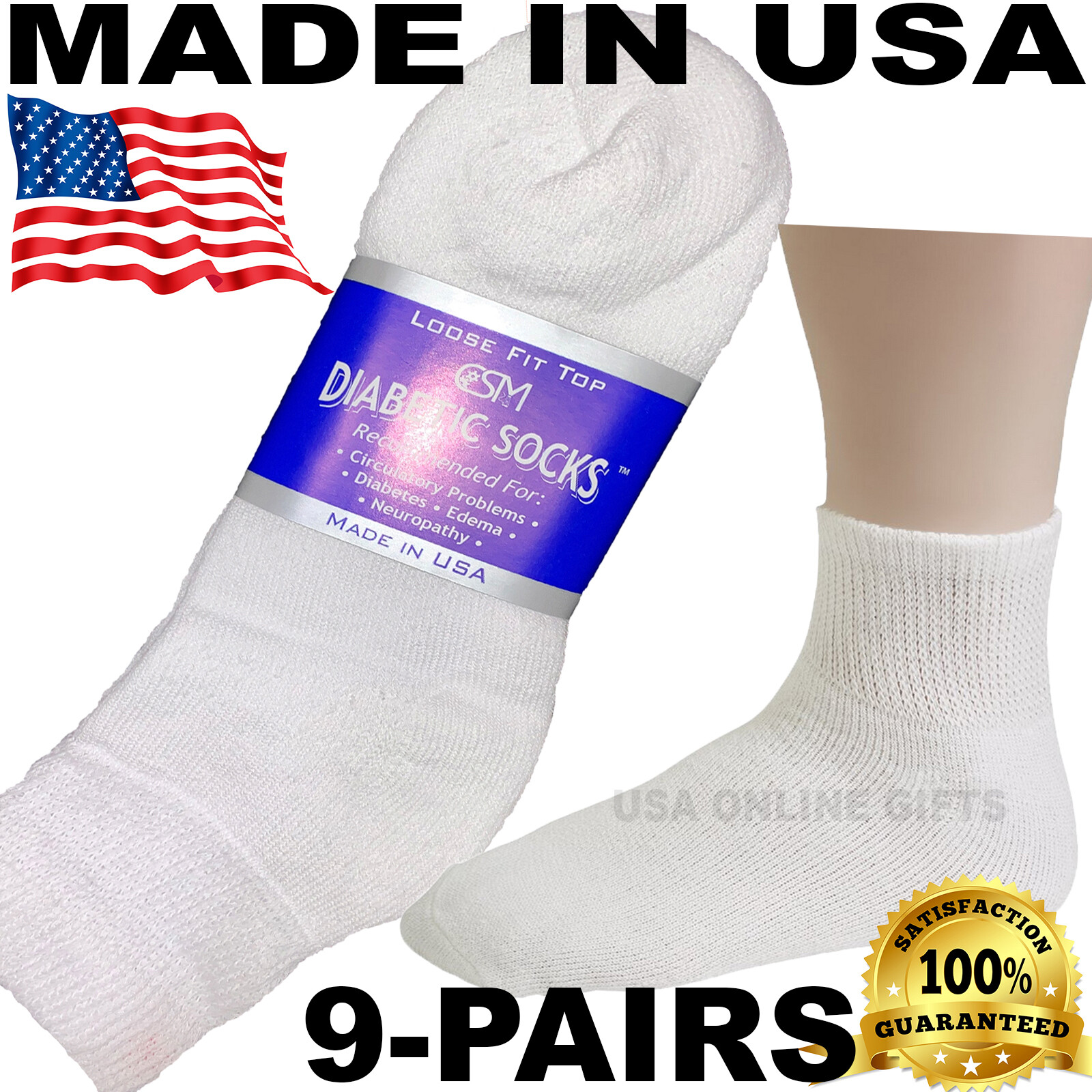 BEST QUALITY CRESWELL 9 PAIRS WHITE DIABETIC ANKLE SOCKS 13-15 SIZE MADE IN USA