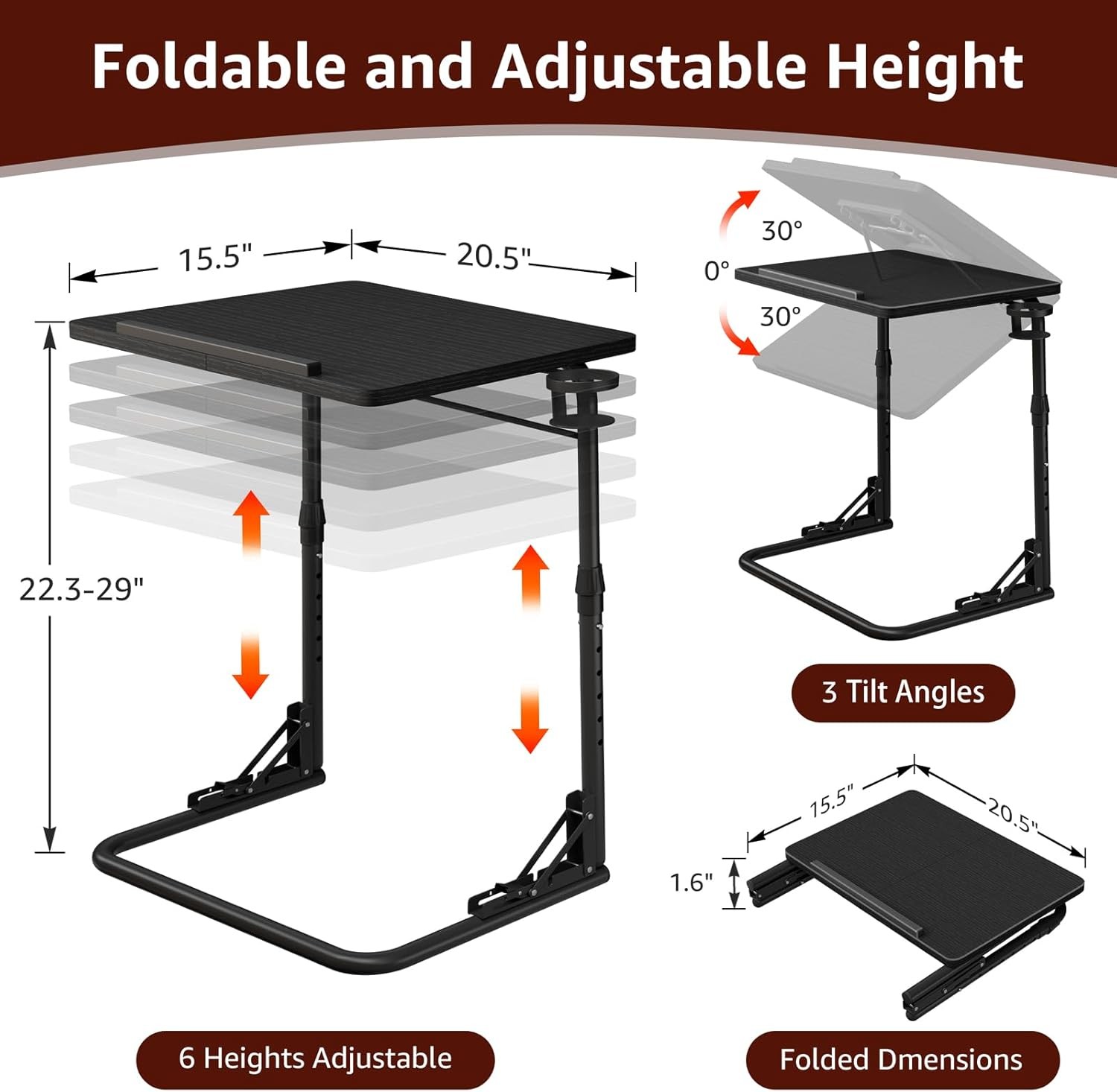 Folding TV Tray Table Adjustable Height Sofa Side Table Wooden Portable Trays