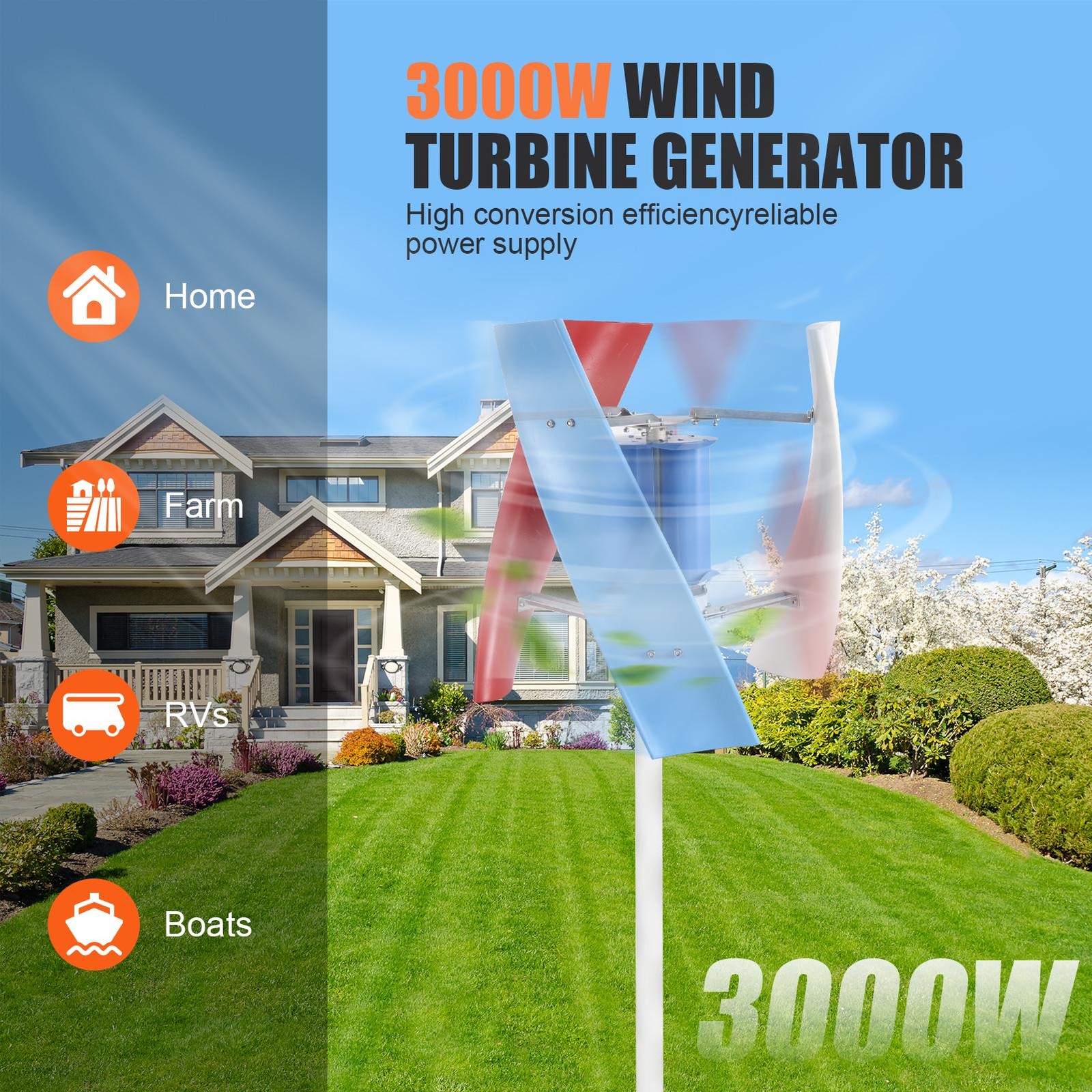 3000W Vertical Axis Wind Turbine Generator 12V Controller Home Windmill Quiet