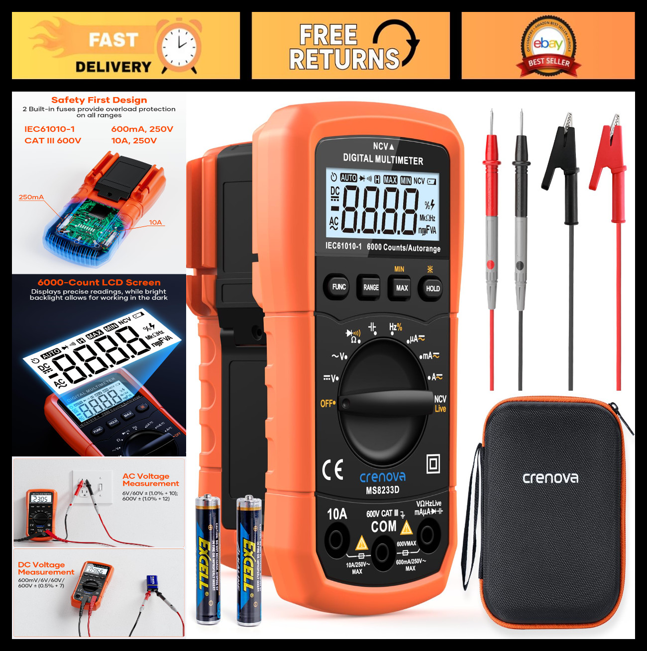 6000 Counts Digital Multimeter AC DC Volt Meter Ohm Amp Tester - Voltage, Curren