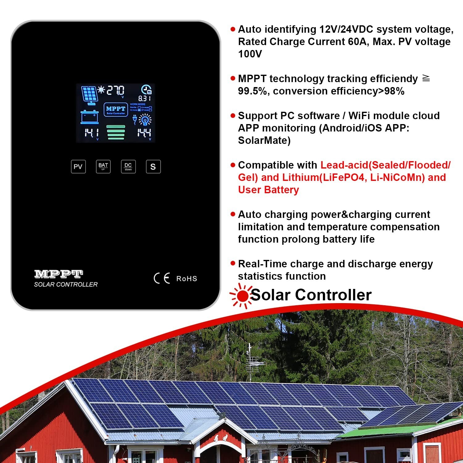 MPPT Charge Controller 60A +WIFI Cloud Moduel 12V/24V Solar Panel Regulator