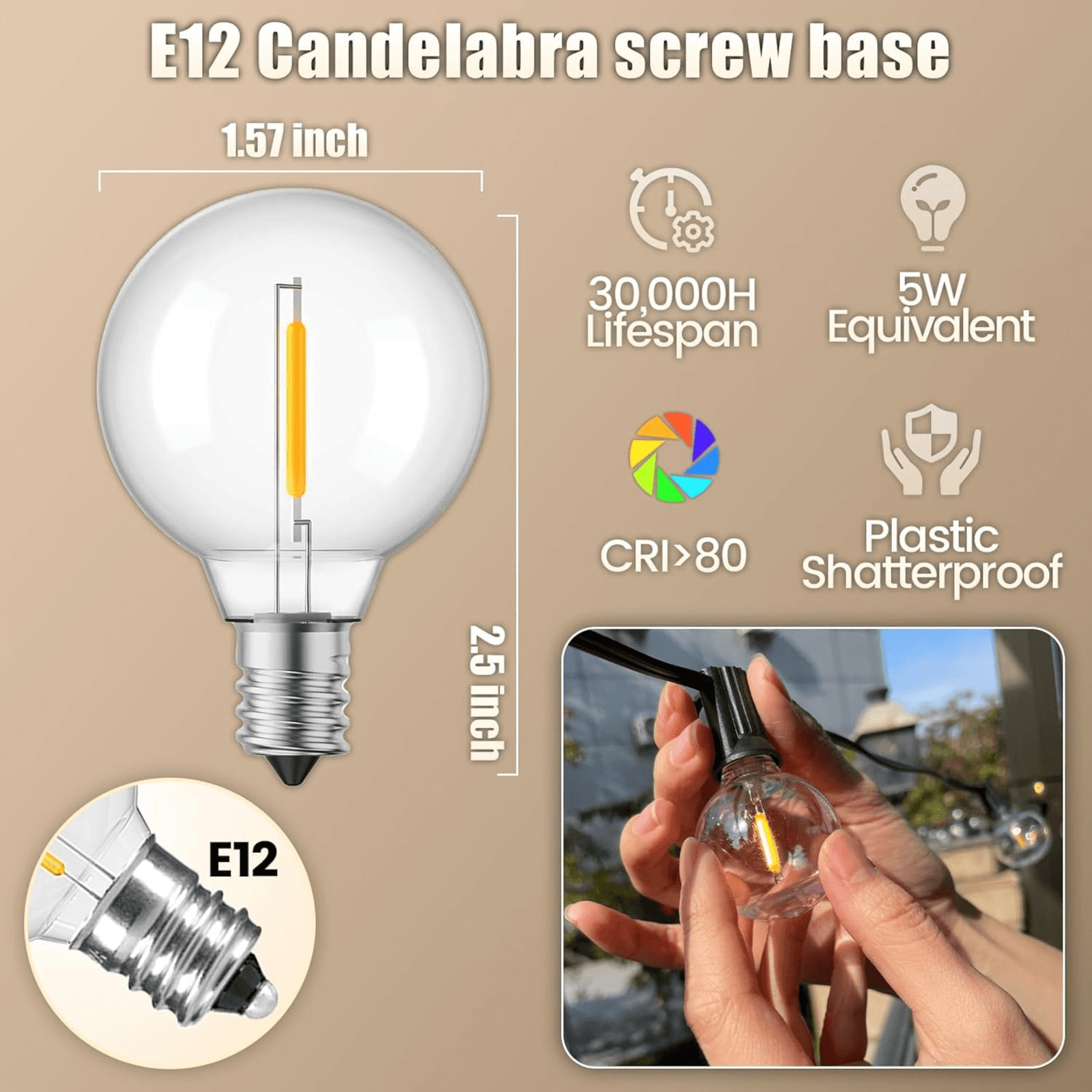 G40 LED Replacement Light Bulbs E12 Warm White String Lights 15 Pack 24V