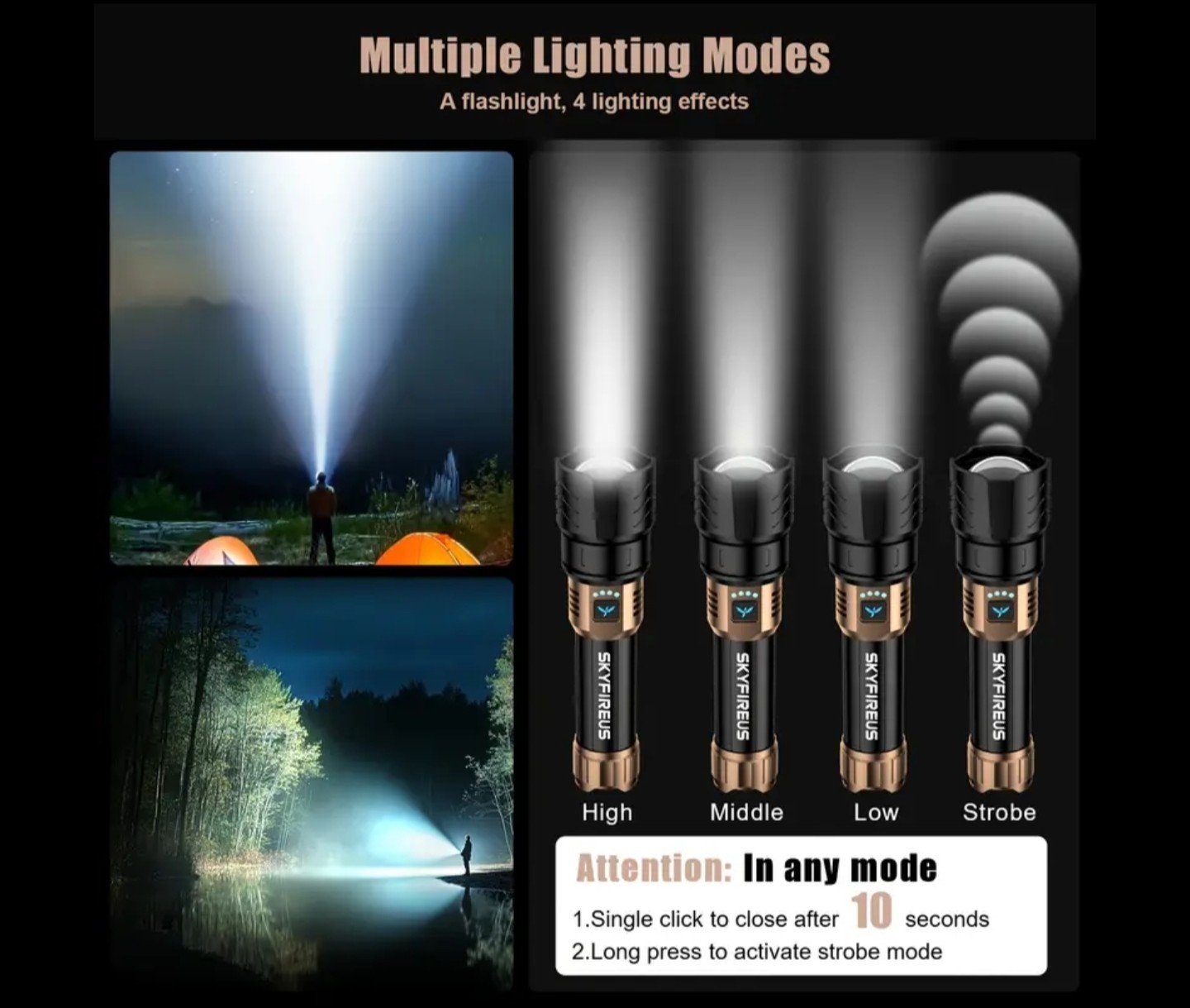 SKYFIRE LED Flashlight Rechargeable Zoom Waterproof Super Bright