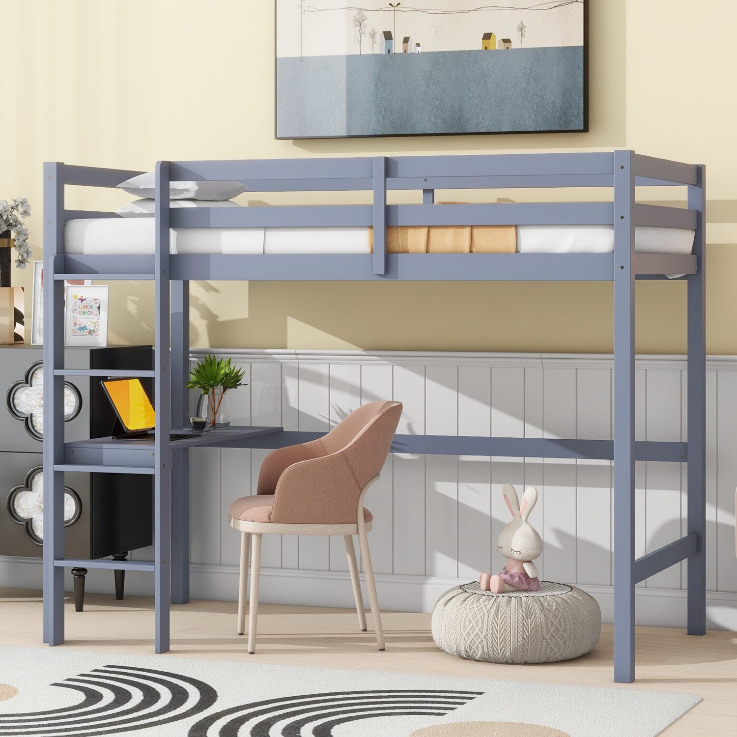 Twin Size Loft Bed Frame Wood Twin Size Bed Frame w/ Desk for Bedroom Gray