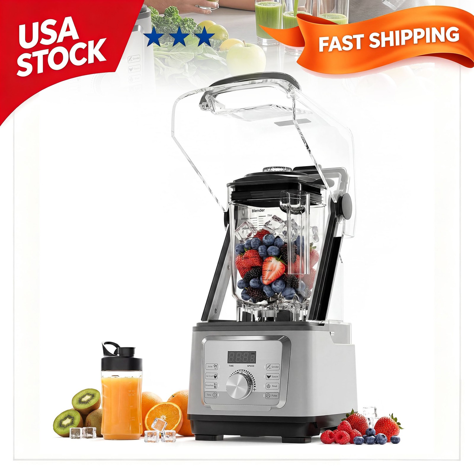 Blender 9 Speeds 68oz Commercial Quiet Cover Smoothies Juices Countertop Blender