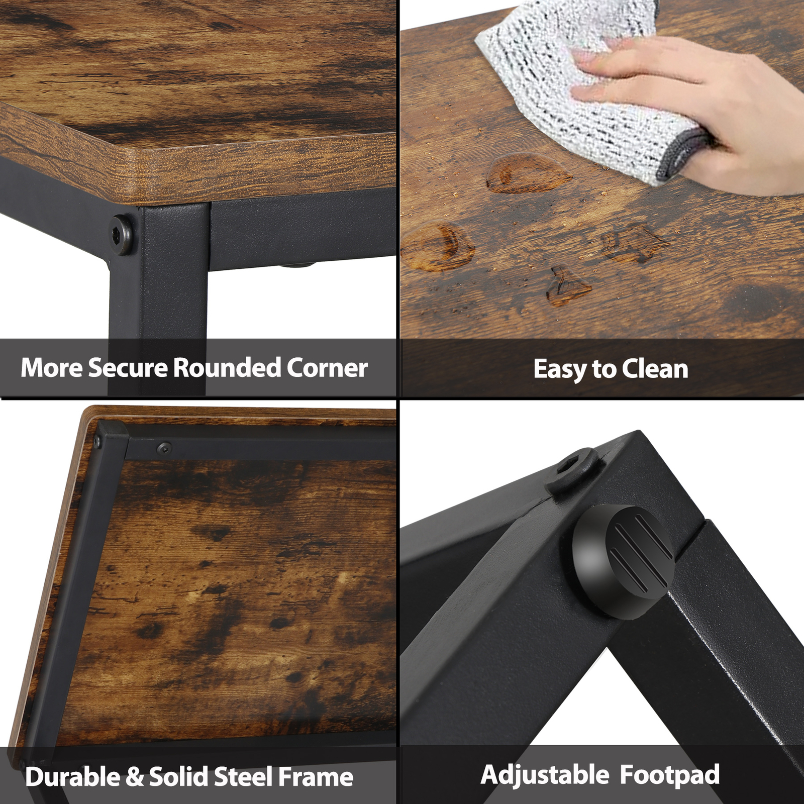 C Shaped End Table 2PCS Rustic Brown Side Table Bedside Table with Metal Frame