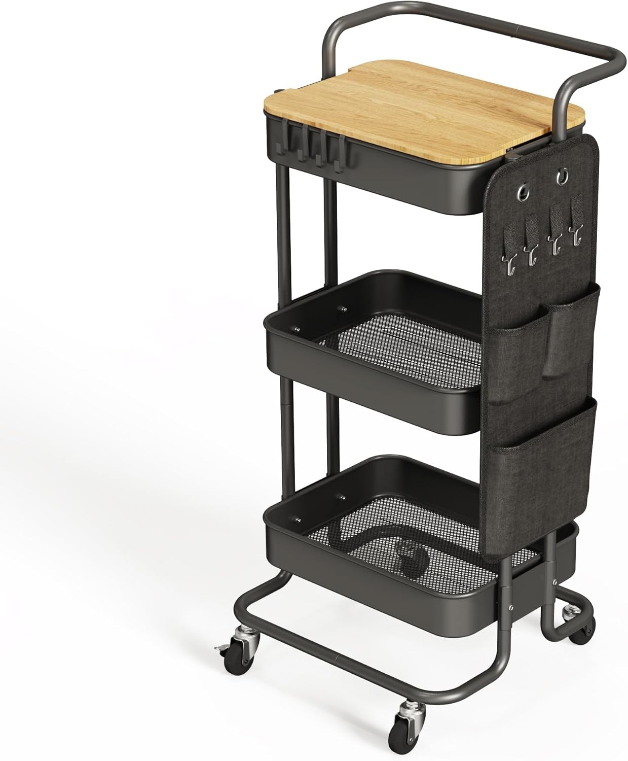 3 Tier Metal Utility Rolling Cart W/ Table Top & Side Bags Tray Storage