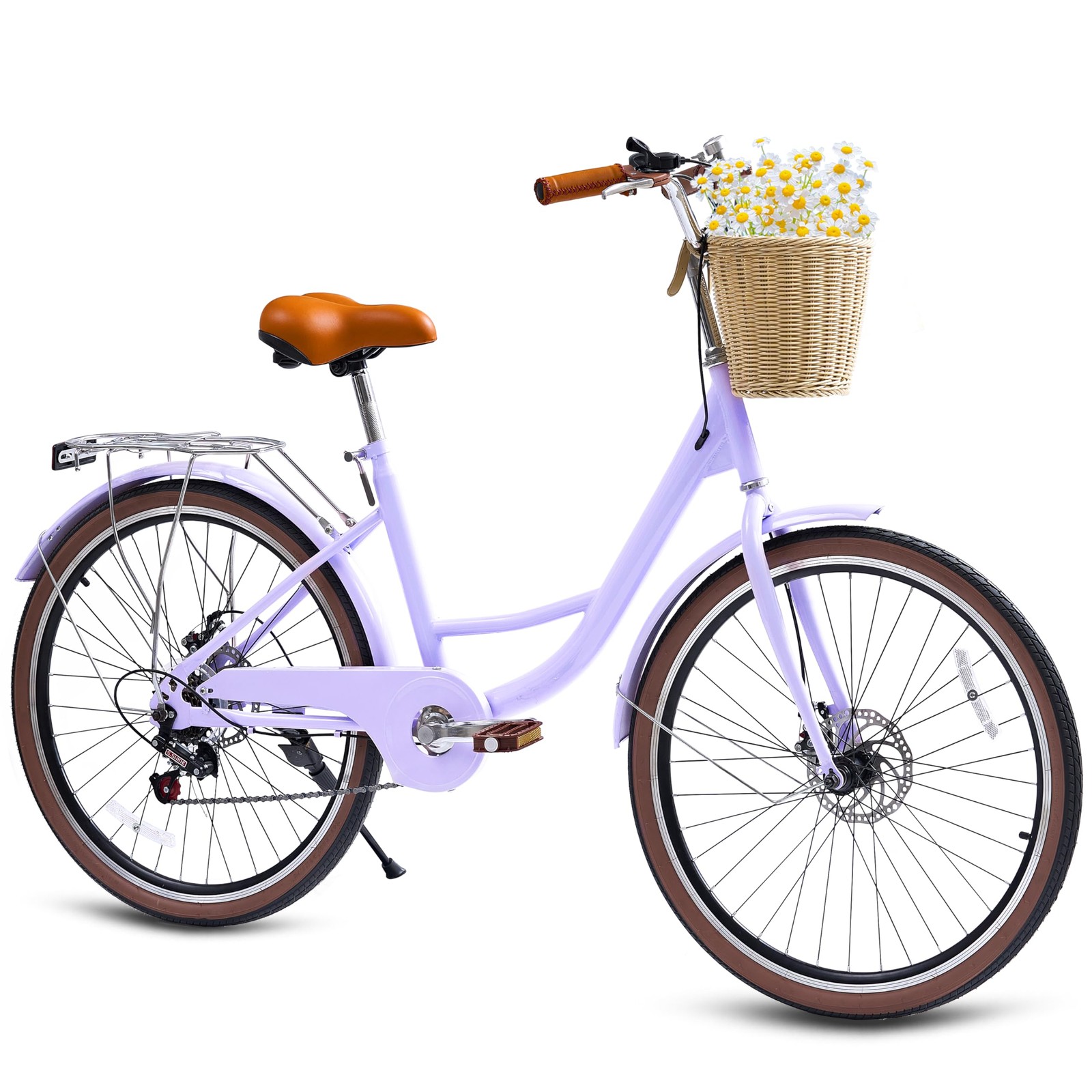 24 Inch Girls Cruiser Bike 7 Speed Rattan Basket Adjustable Seat Purple