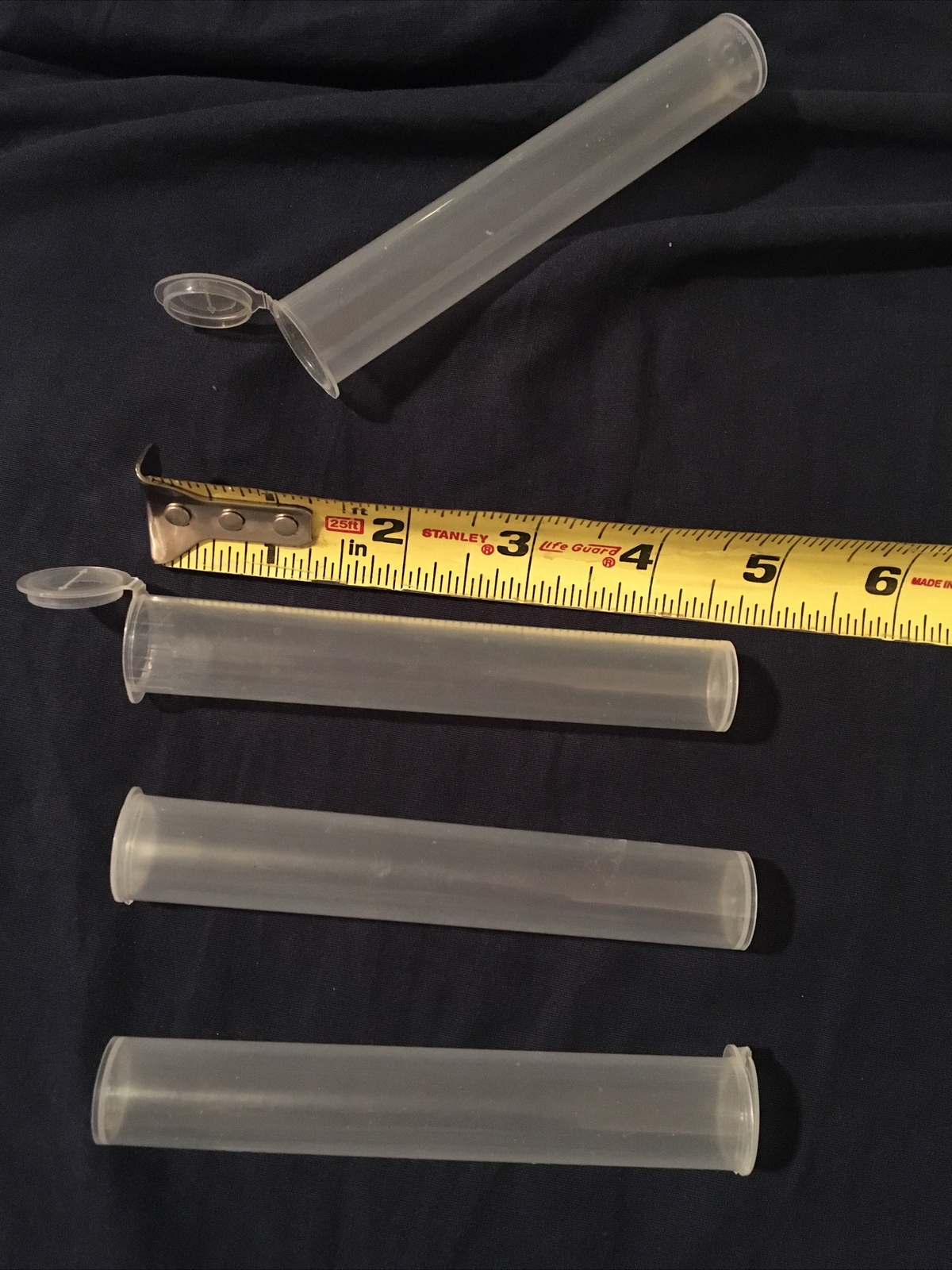 4 Clear Plastic Tubes, Snap Top w/ Attached Lid, about 4.5” long, .75” diameter