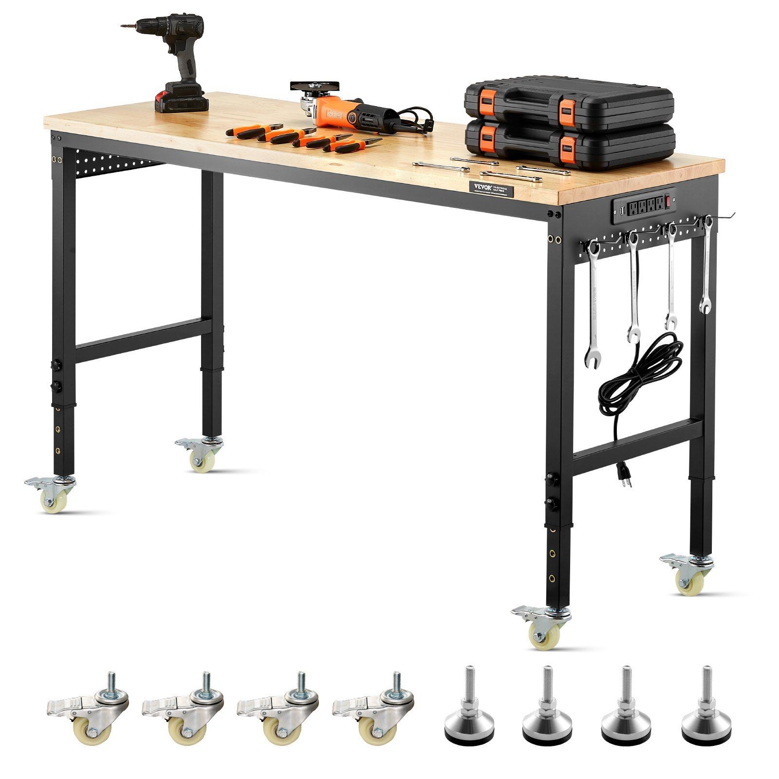 60in Modular Workbench 2000lb Capacity Adjustable Height Oak Top Power Outlets