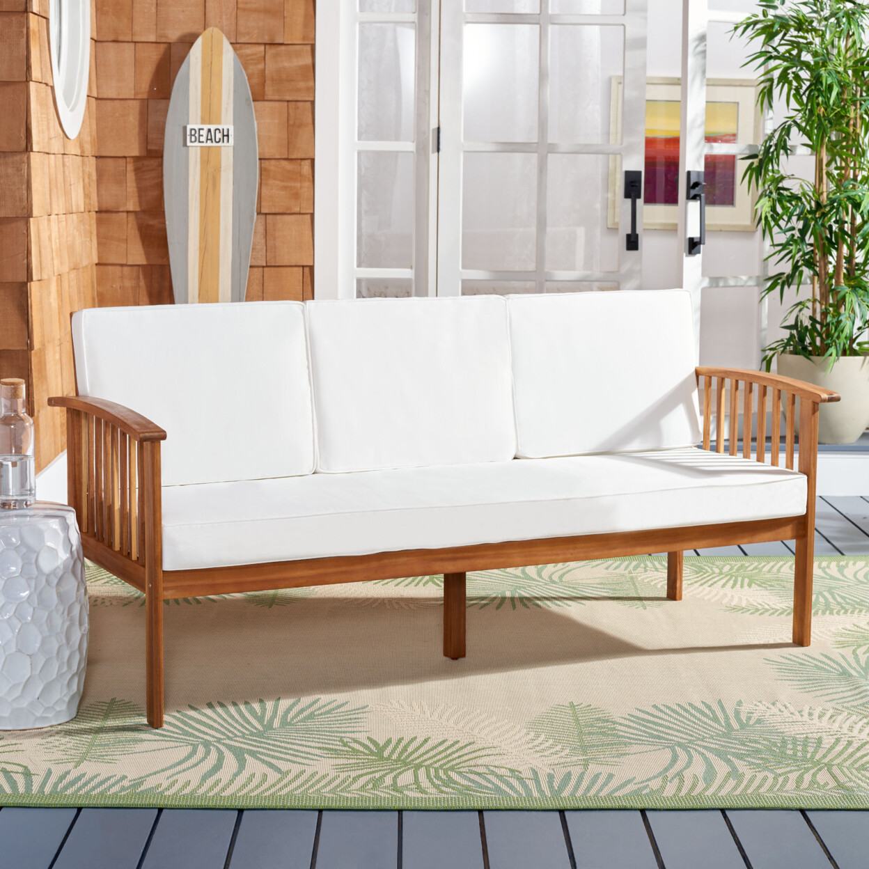 SAFAVIEH Outdoor Collection Finnick Outdoor Bench | Natural/Beige Cushion |