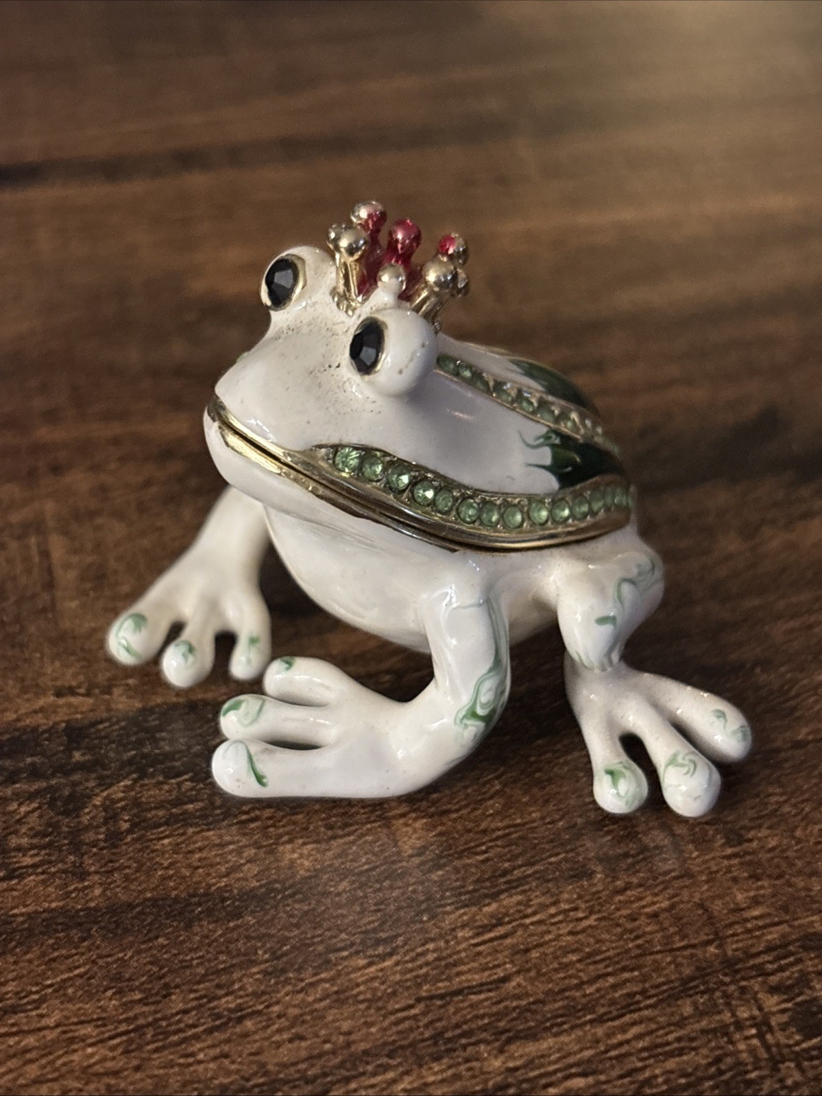 Mini Jeweled Frog Prince Hinged Metal Enamel Trinket Ring Box