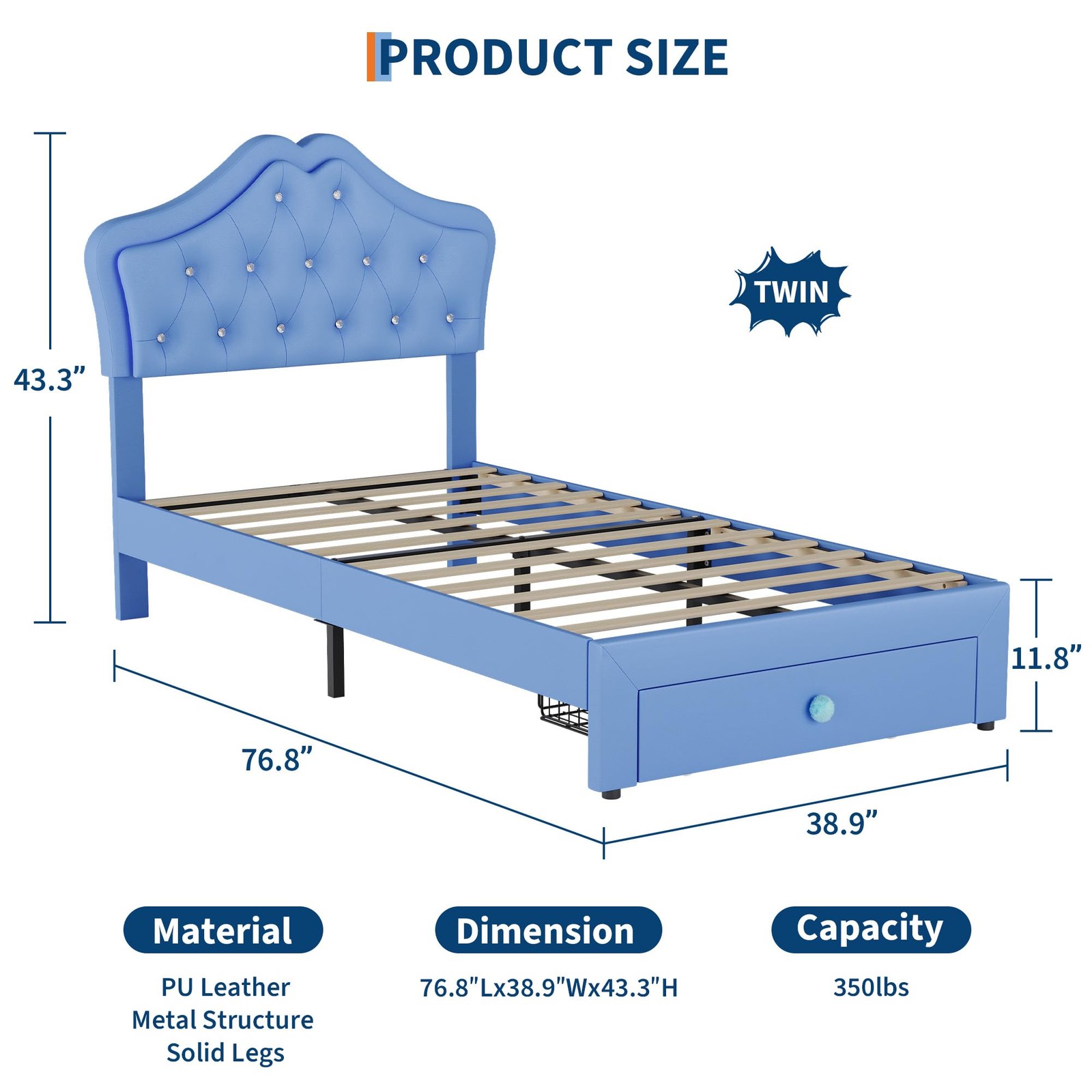 Twin Size Bed Frame w/Velvet Crystal Button Headboard & LED Light Platform ,Blue