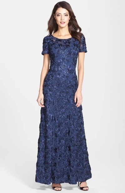 NWT Alex Evenings Short Sleeve Lace Sequin Rosette A-Line Gown Navy Dress Sz 14W