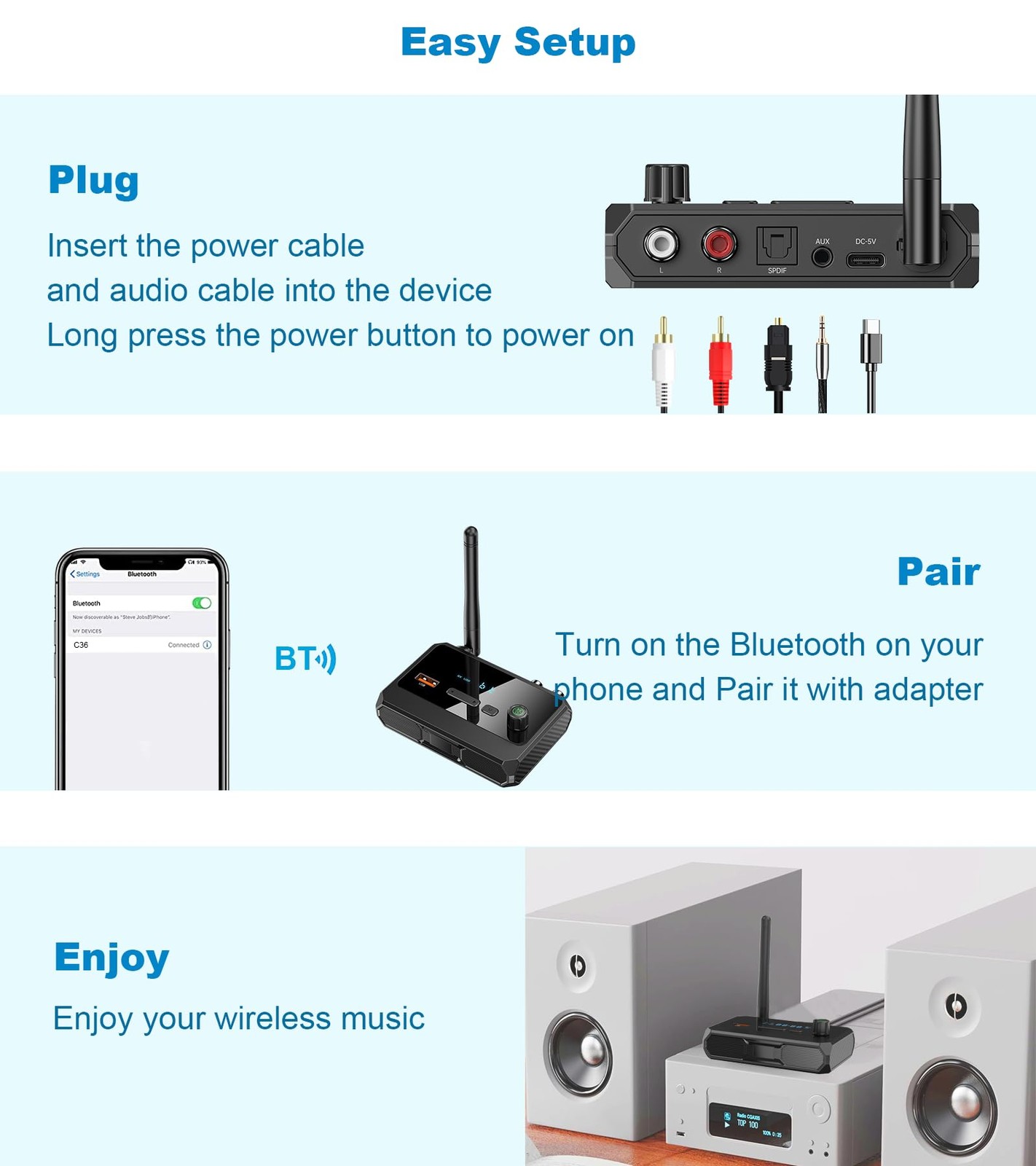 KAIY Bluetooth 5.4 Receiver for Home Stereo, Optical Low Latency small, Black