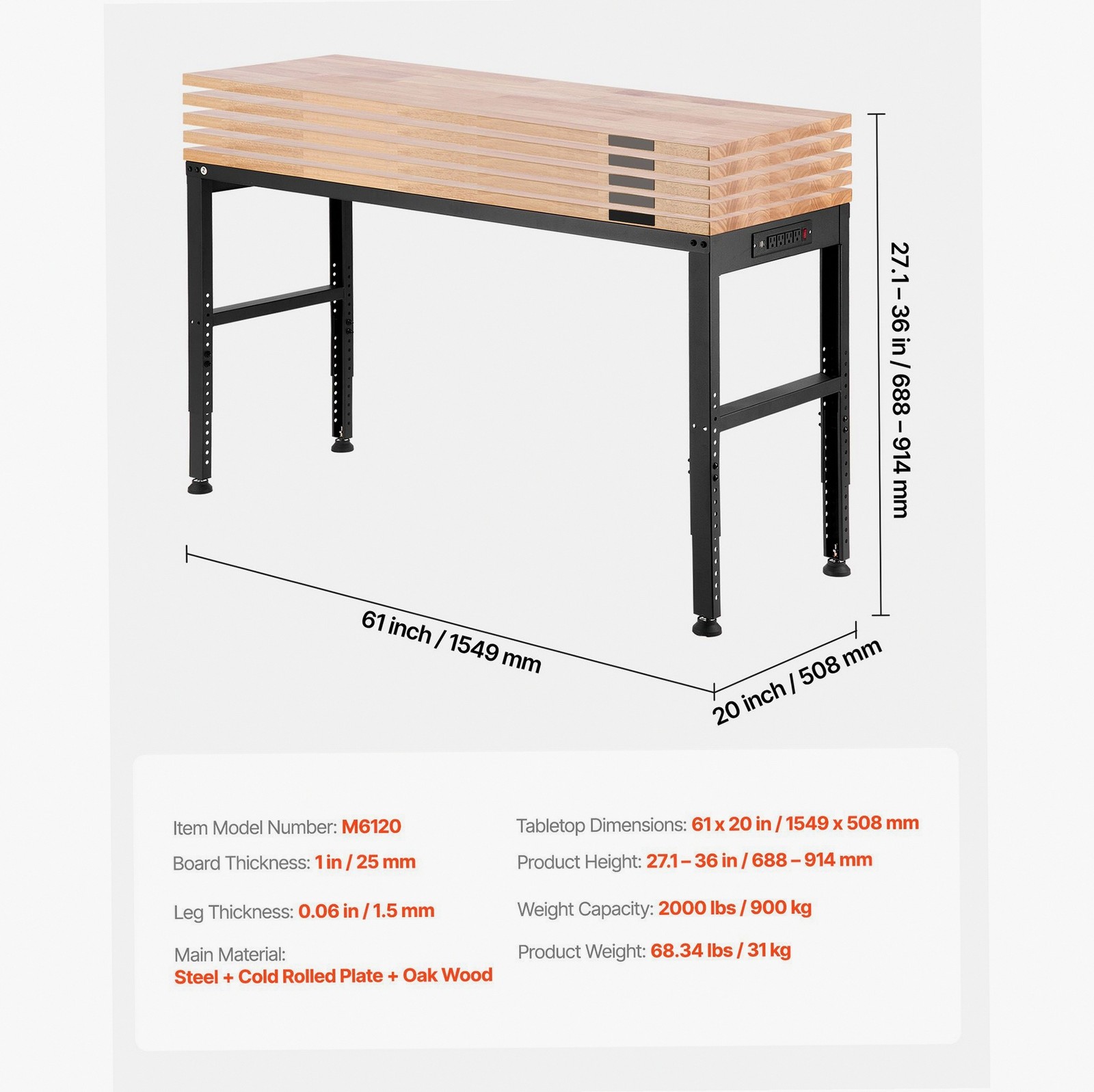 Garage Workbench, 61x20in, 2000lb, 4AC/2USB