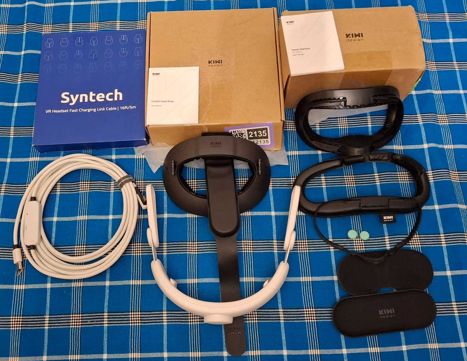 KIWI Oculus Quest 2 Accessories Bundle Lot Comfort Head Strap VR Cable Face Pad