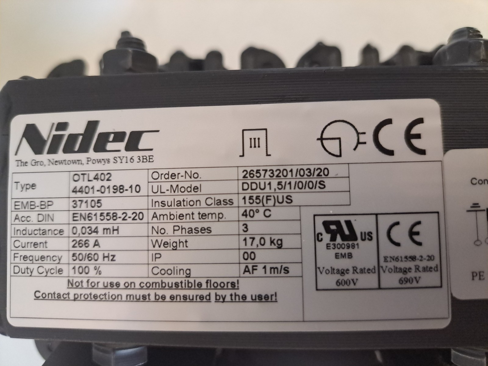 Nidec Control Techniques 4401-0198-10 Output Choke Mustang Dyno Pull USED