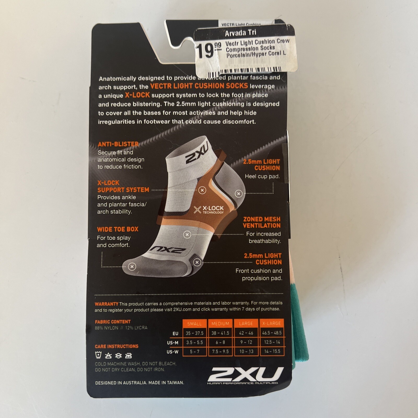 2XU Vectr Light Cushion Crew Sock Porcelain/Hyper Coral,
