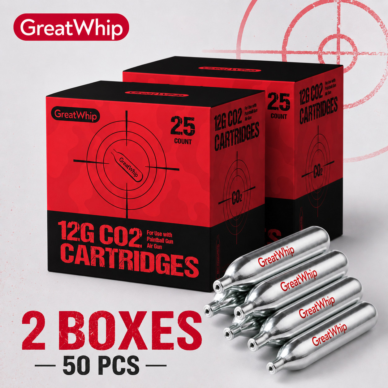 GreatWhip 12g CO2 Cartridges x 50pcs for Pellet Guns, BB Guns and Airsoft Guns