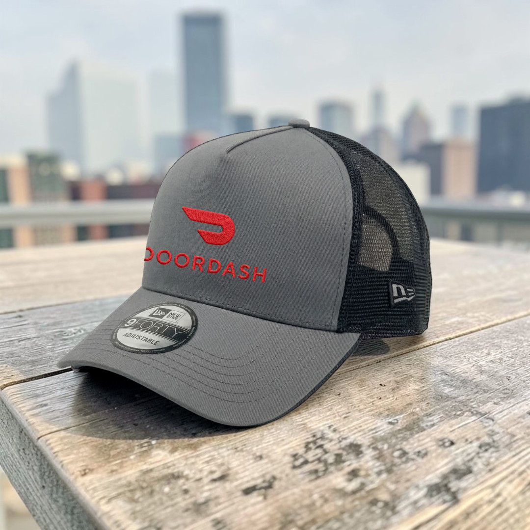Door Dash Embroidered Logo Trucker Hat Gray Black Mesh Adjustable Cap