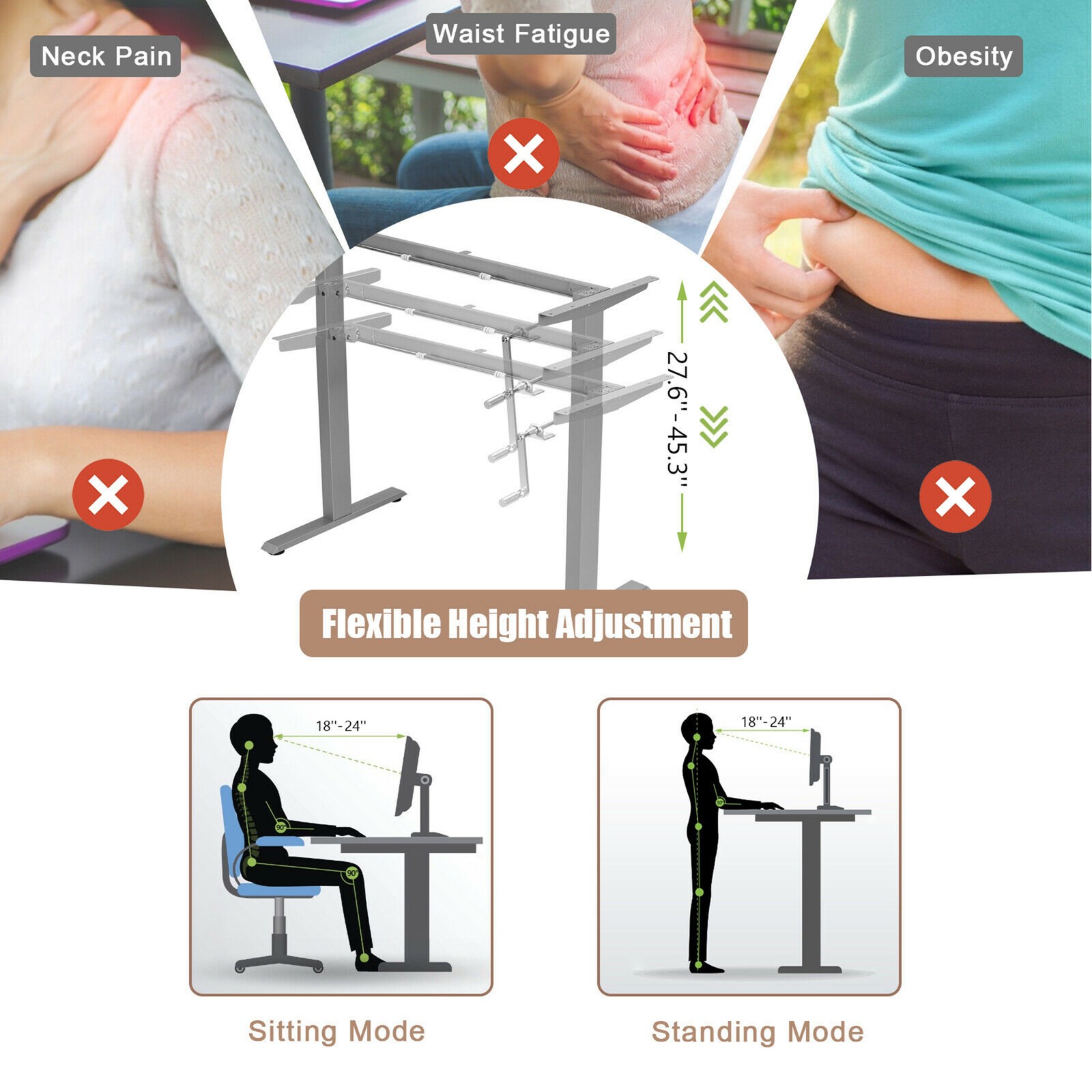 Hand Crank Sit to Stand Desk Frame Height Adjustable Standing Base Grey