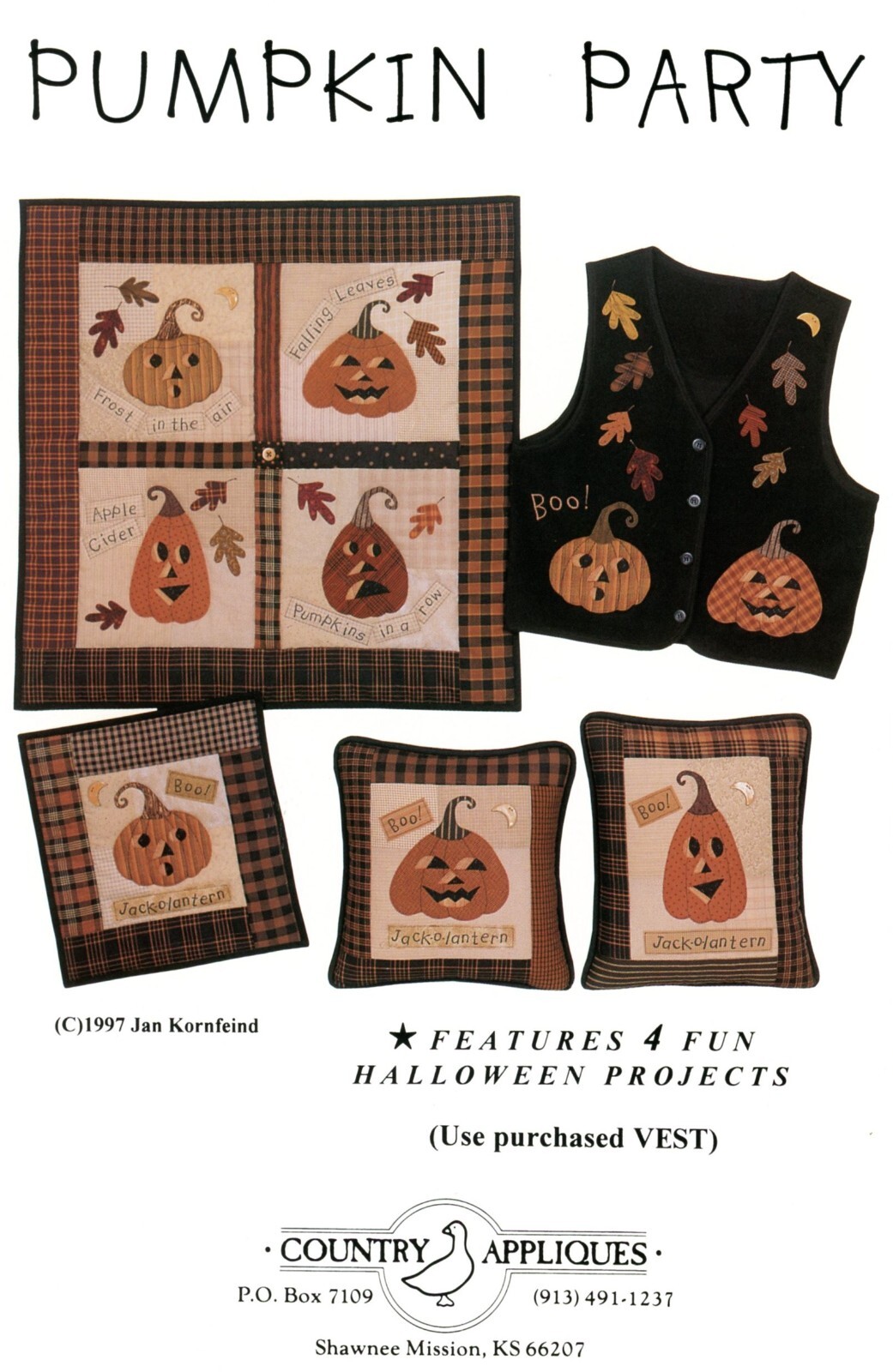 Country Appliques CA-100 PUMPKIN PARTY Wall Quilt, Pillow, Vest Applique UNCUT
