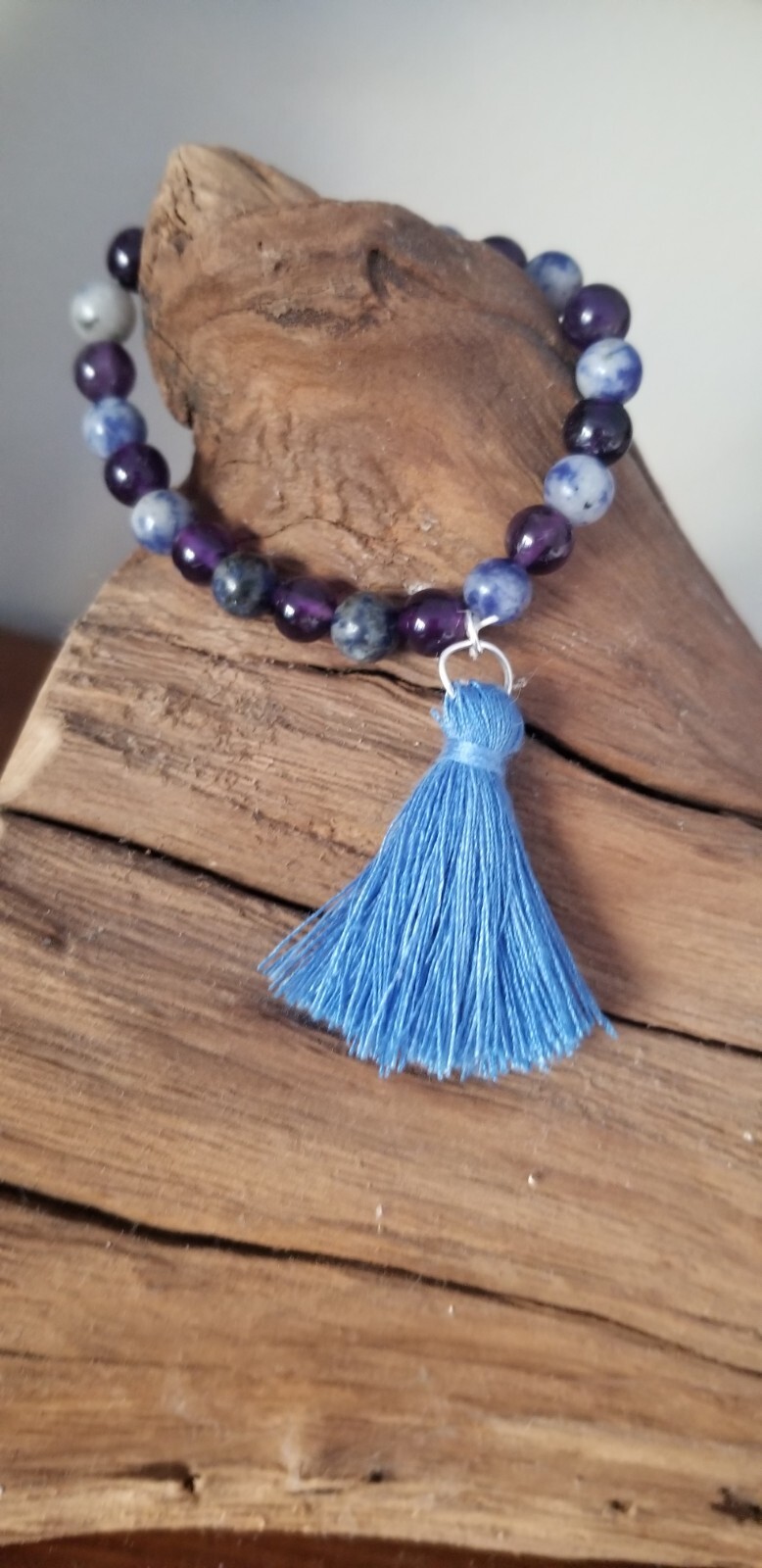 Handmade Blue Lapis Amethyst Crystal Glass Bead 6" Boho Chakra Tassel Bracelet