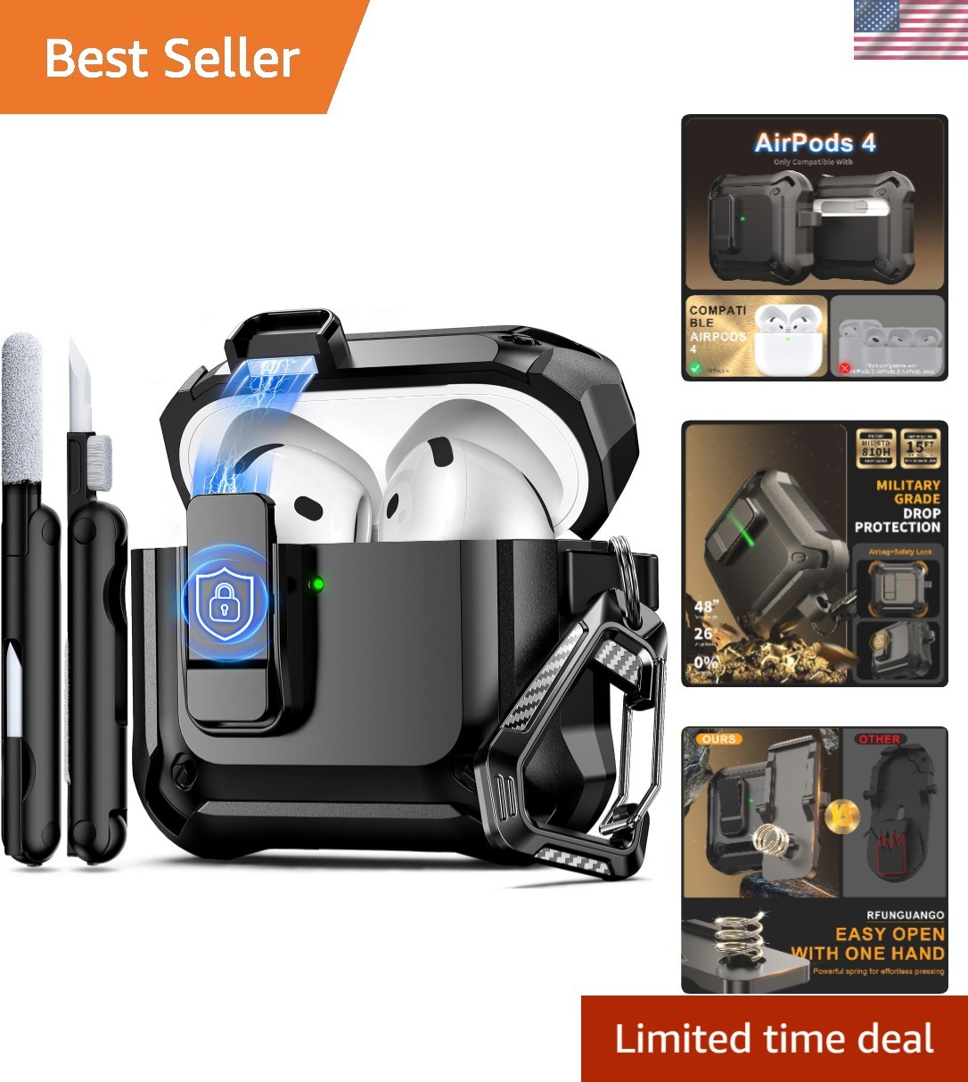 Luxury Secure Lock Case for AirPods 4 - Military Grade Shockproof Armor Black