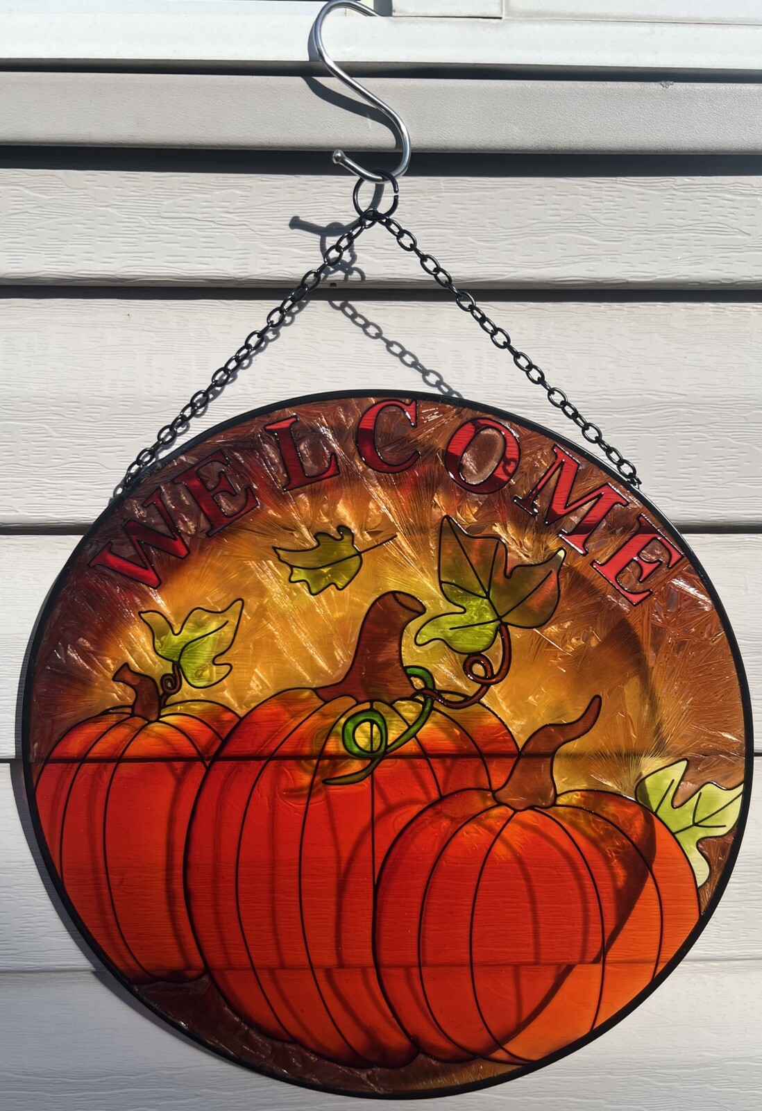 Welcome Fall Pumpkins Leaves Suncatcher Round Acrylic Wall Art Decor 12”x12”