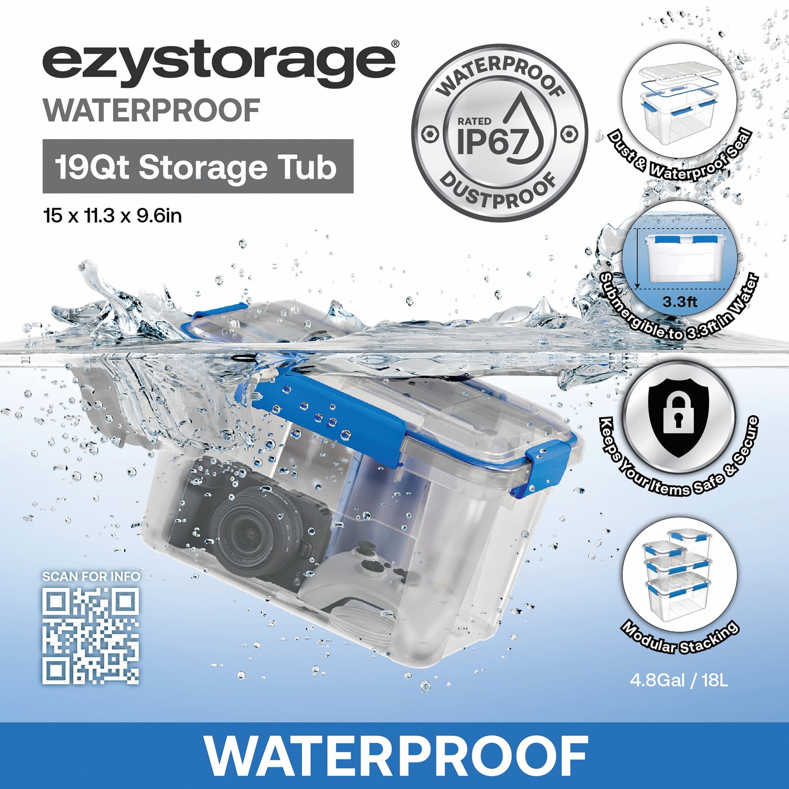 6 PACK WATERPROOF 4.7Gal/19Qt/18L STORAGE BOX IP67
