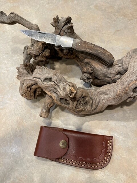 Big Damascus folding blade knife w/ Rams horn handle & leather sheath hand made