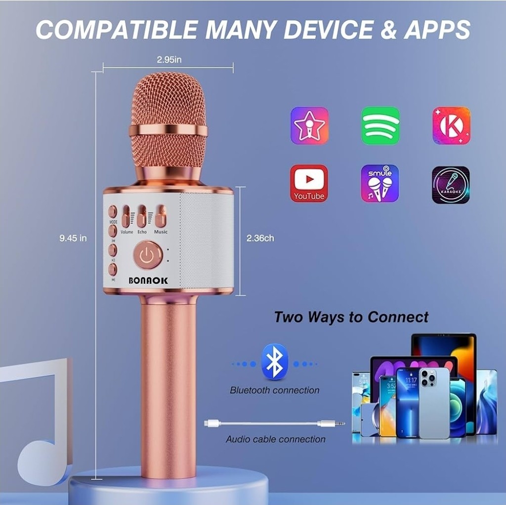 BONAOK Rose Gold Wireless Bluetooth Karaoke Microphone, USB, Echo Adjustment