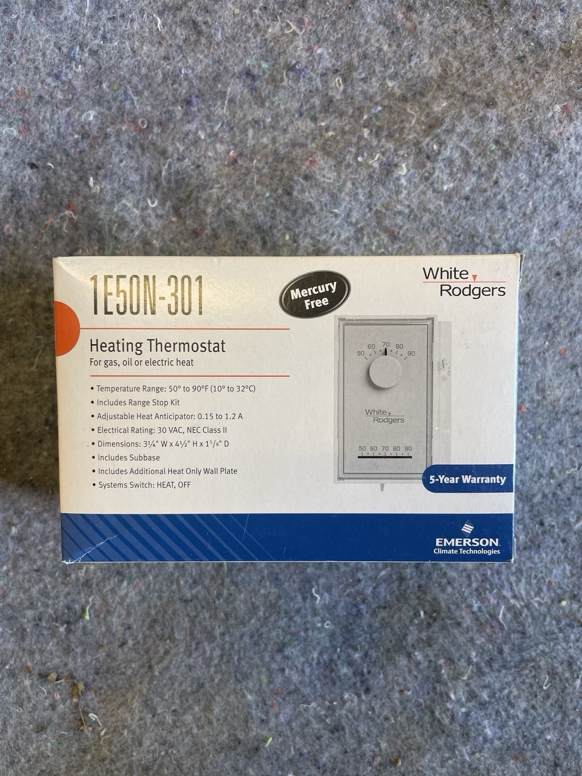 Emerson White Rodgers Thermostat 1E50N-301, Low Voltage Heat Only, Rectangle