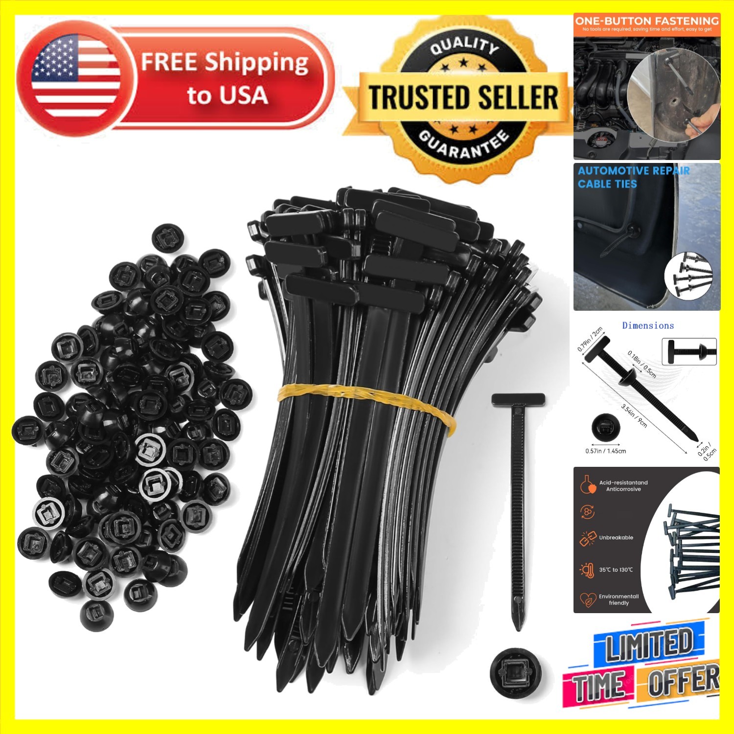 Versatile 100 pcs Nylon Cable Ties - One-Button Fastening for Quick Auto Repairs