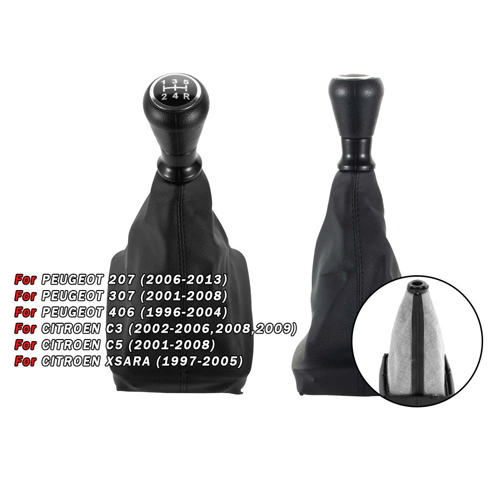 5-Speed Gear Shift Knob Gaiter Boot Cover Set Black for Peugeot 206 207 307