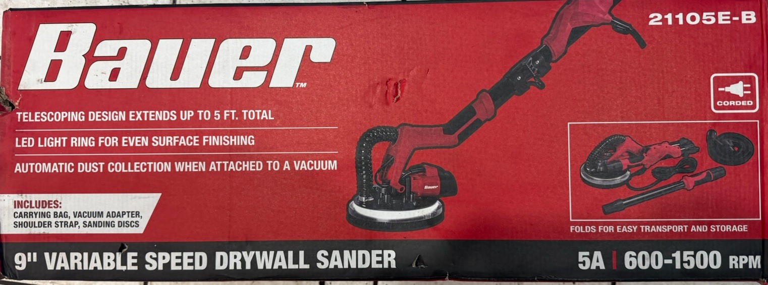 Bauer 9" Variable Speed Drywall Sander 21105E-B, 5A, Corded Electric