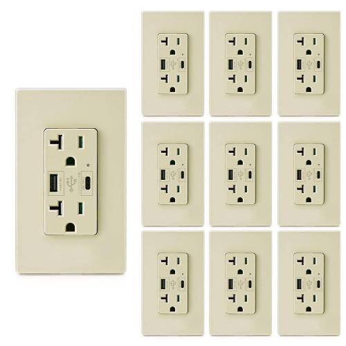 10Pack 4.8A USB C Outlet PD 24W 125 Volt, 20 Amp Tamper-Resistant Outlet