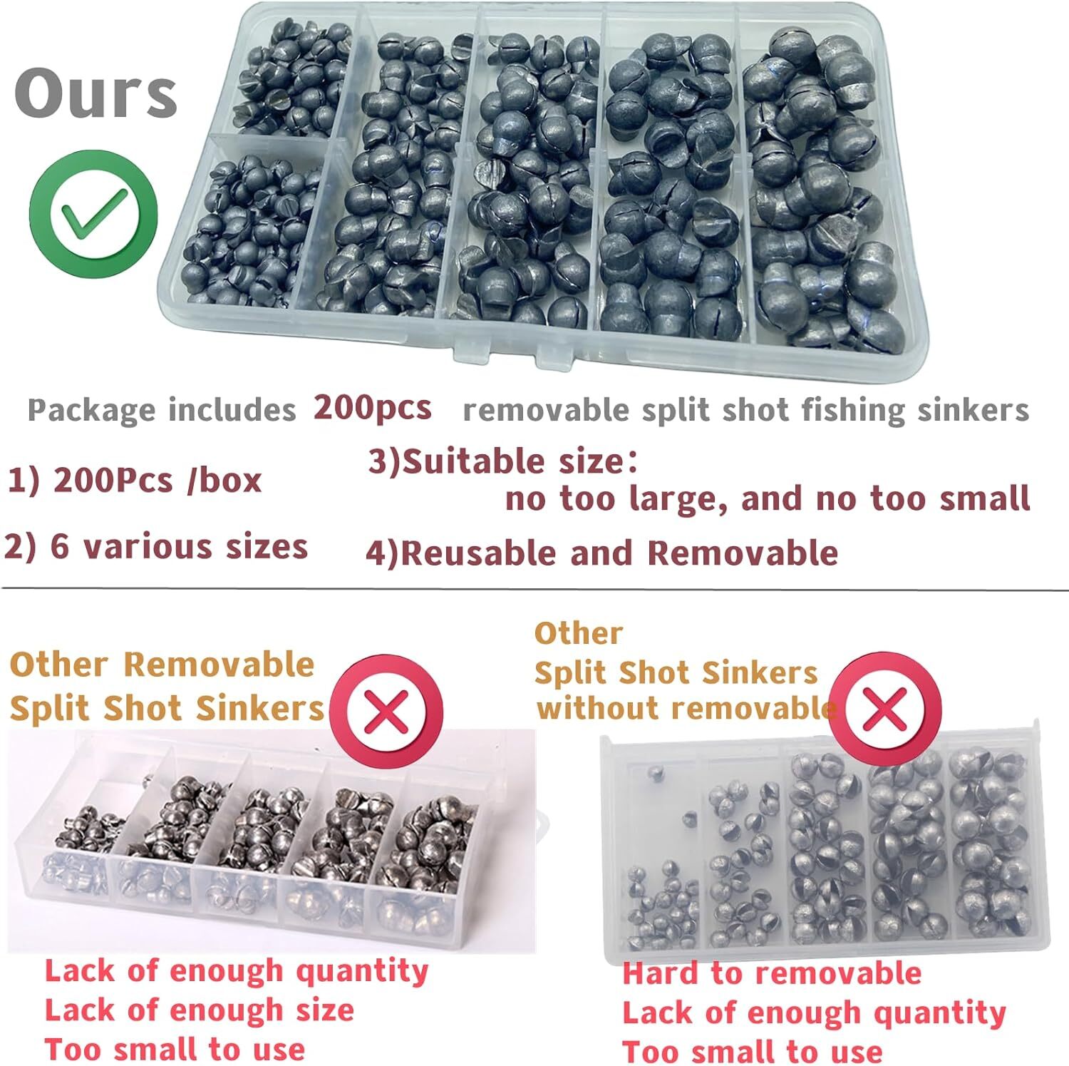 200/Box Large Removable Split Fishing Sinkers