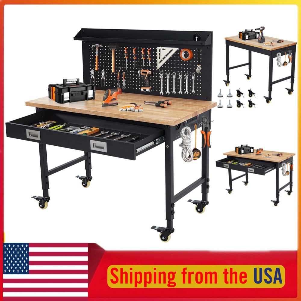 48"3-in-1 Heavy-Duty Workbench with Work Light Garage Cabinet Wheels 2000lbs US