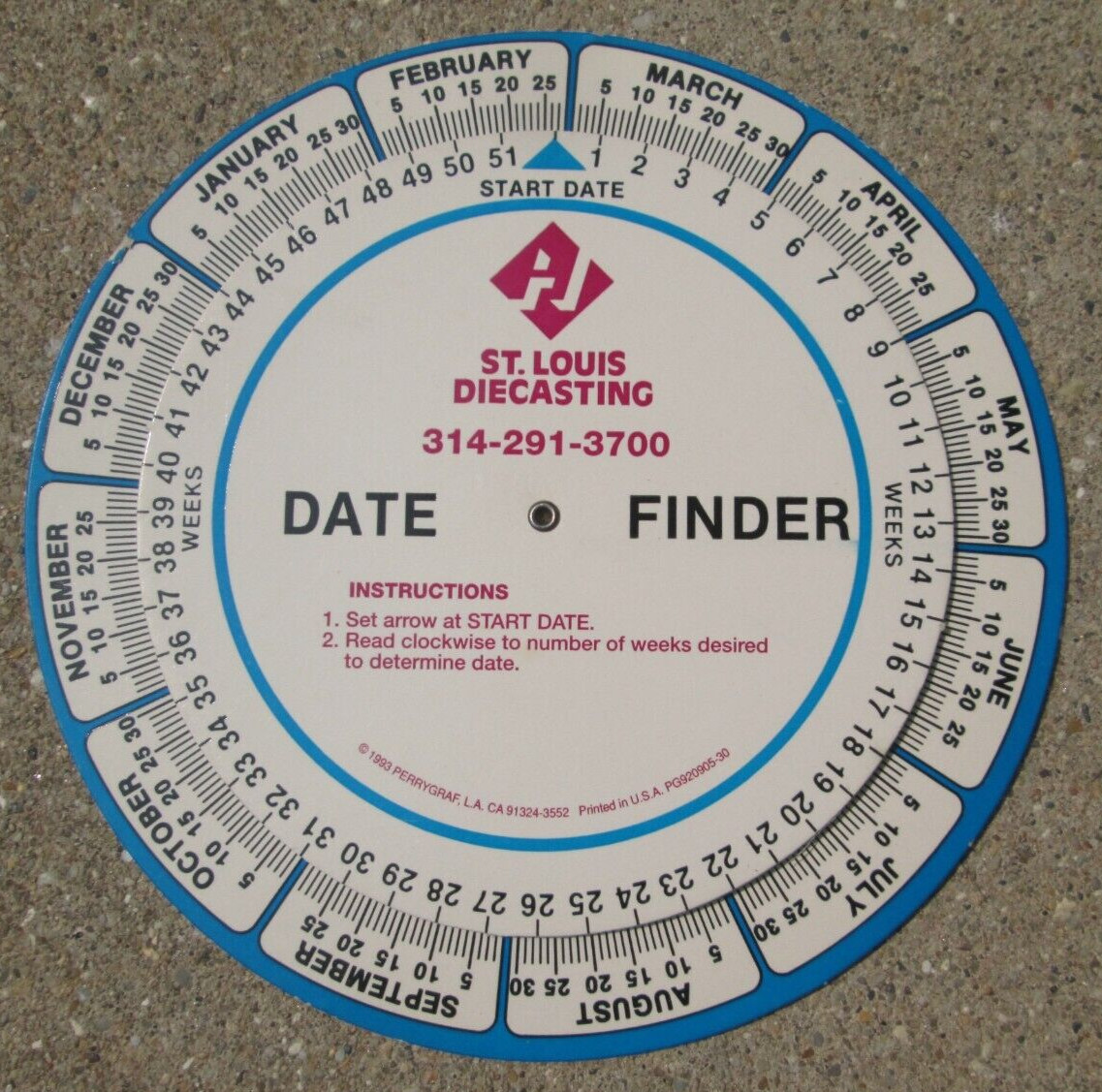 St. Louis Diecasting Date Finder Circular Calendar Slide Rule 1993 Perrygraf