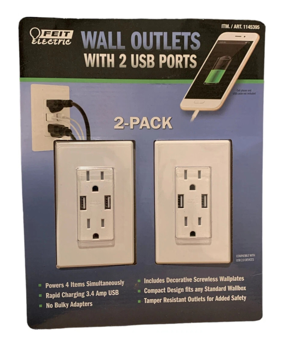 Feit 2-Pack Wall Outlet 120V w/ USB Ports Tamper Resistant Receptacle - NEW