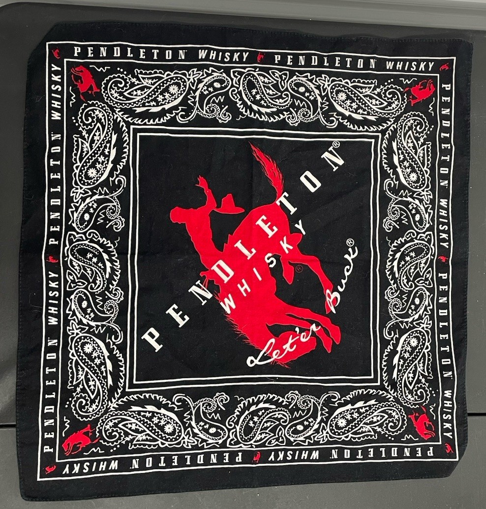 Pendleton Whisky Whiskey Let’er Buck Promo Bandana Wrap Scarf 19”X19” Black Red