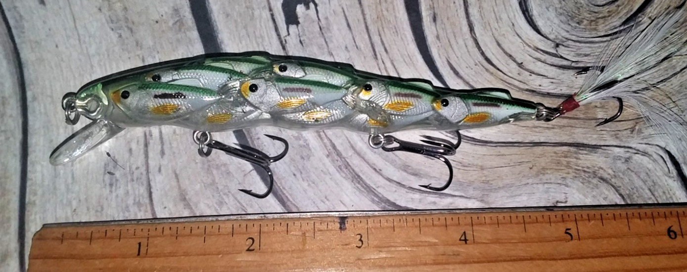 #E Gold/Pearl GREEN School of Minnows Bait Fishing lure!! REAR Dressed Treble