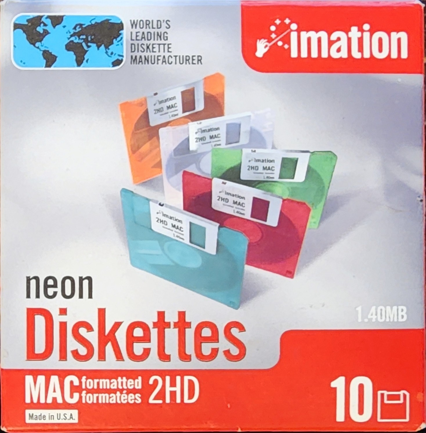 Imation Neon Diskettes. MAC Formatted 2HD. 2 Missing. 8 Diskettes Total. 1.40MB