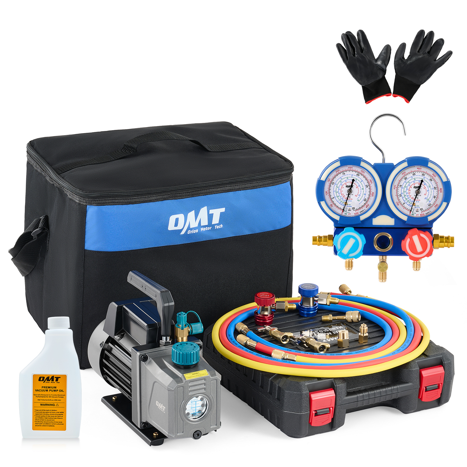 OMT Vacuum Pump & Manifold Gauge Set for R404 R22 R410 R134 Auto AC 1/4HP 3.5cfm