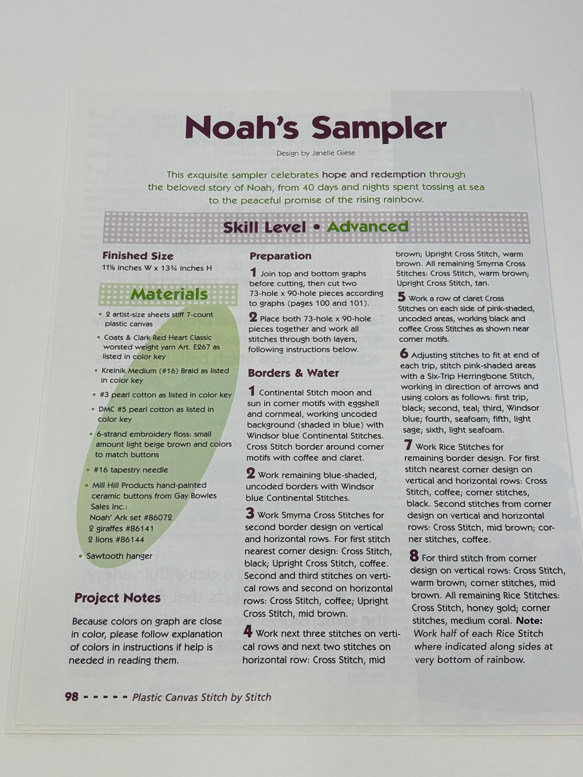Noah's Sampler Chart Plastic Canvas Pattern Book Pages