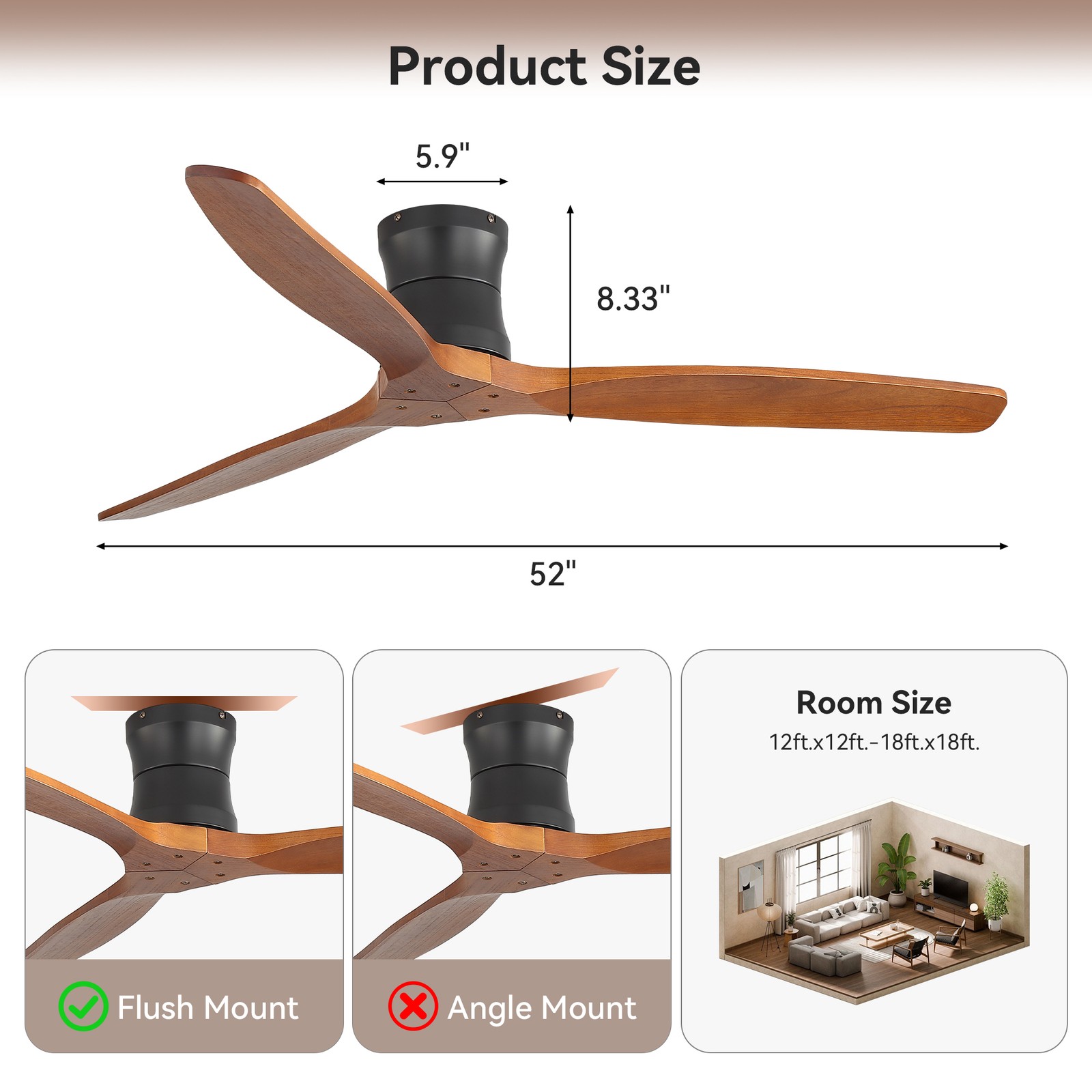 Outdoor Solid Wood Low Profile Flush Mount Ceiling Fan No Light Reversible DC