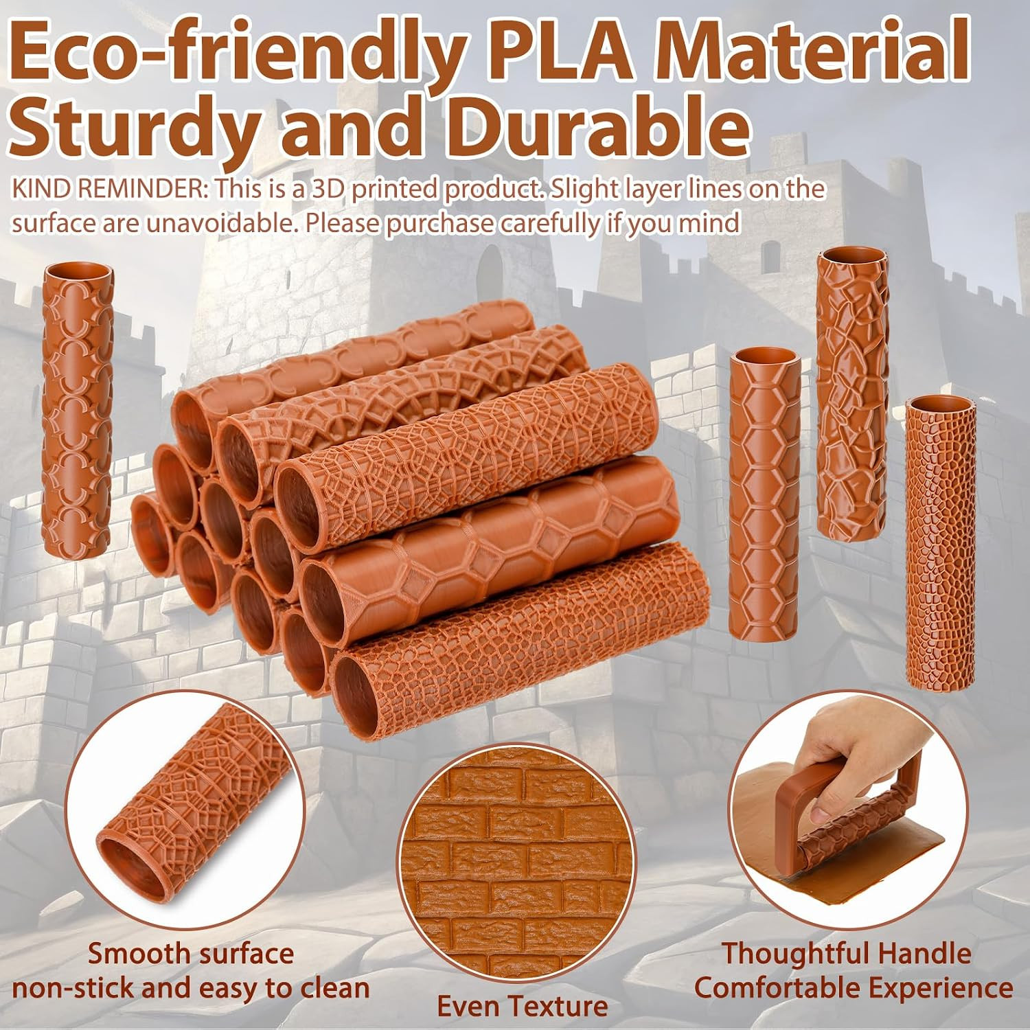 17 Pcs Clay Texture Roller Set with Handle, 8-Pattern 3D-Printed
