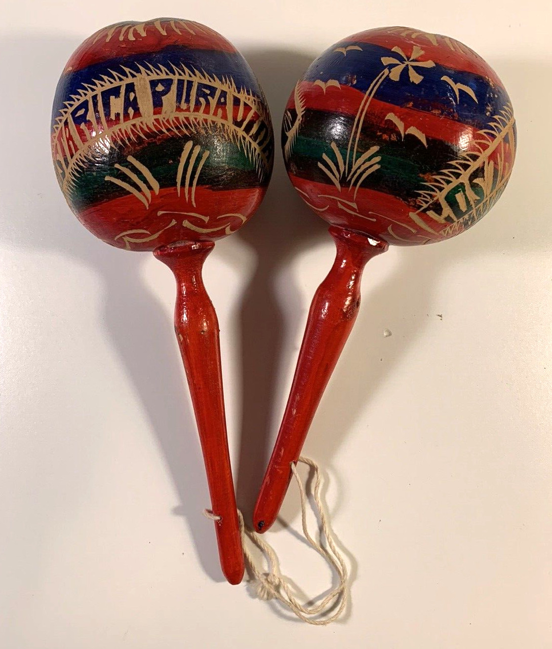 Pair of Vintage Costa Rican Handmade Painted Maracas 11" Pura Vida Souvenir